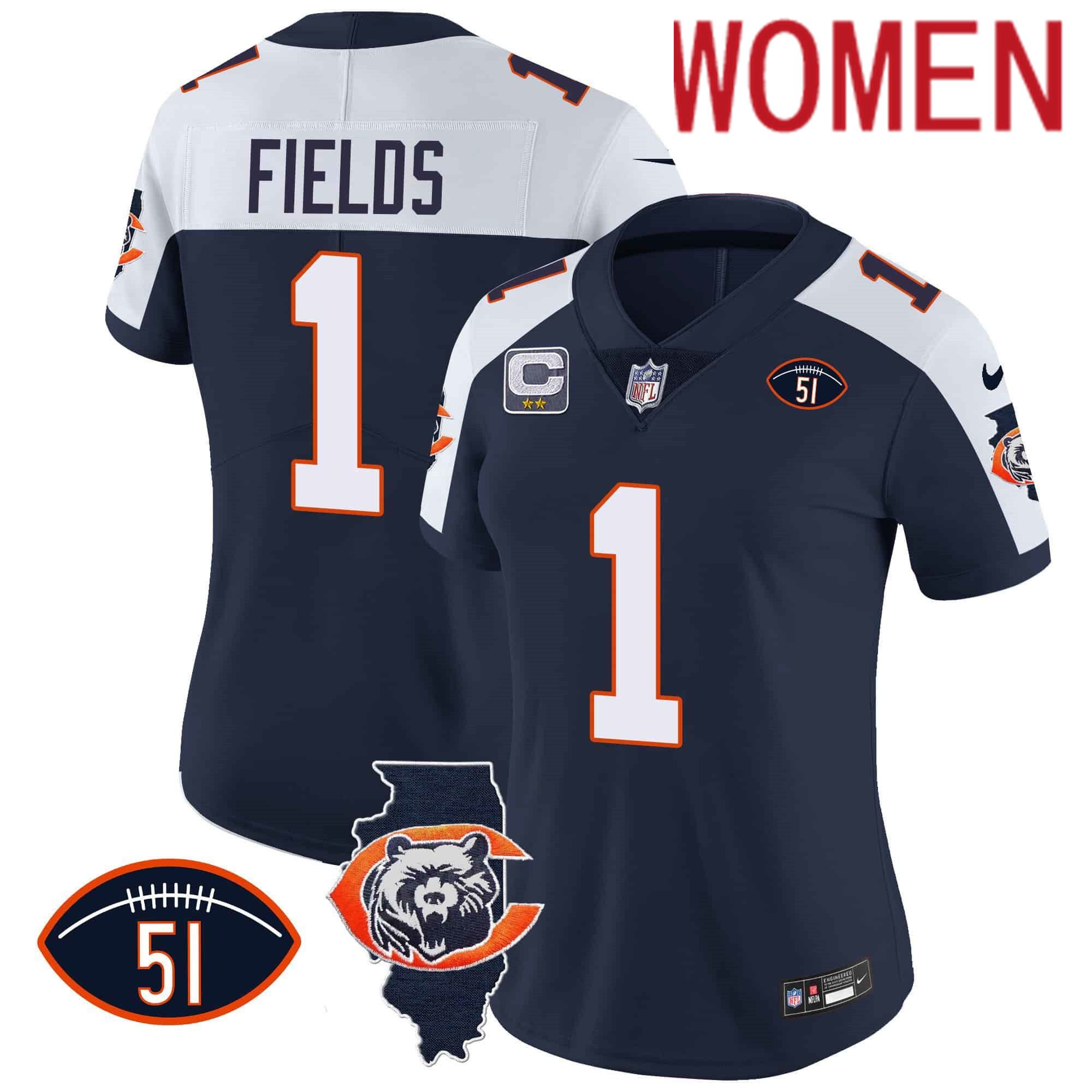 Women Chicago Bears #1 Fields Blue 2024 Nike Throwback Illinois Patch Vapor NFL Jersey